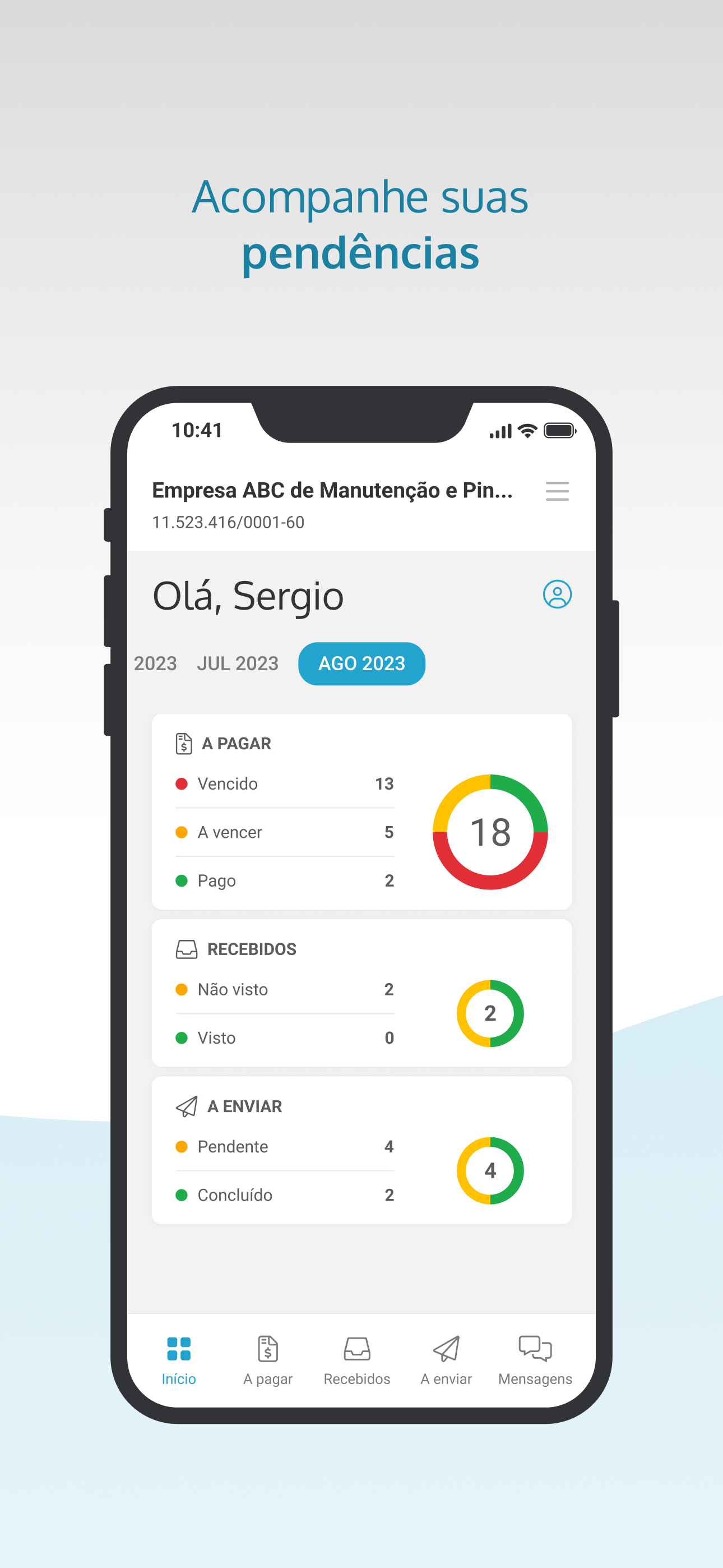 Aplicativo NTW Contabilidade GO exibindo pendências e documentos da empresa